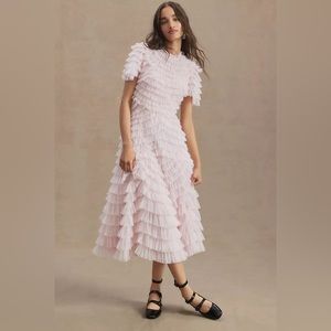 Mac Duggal High-Neck Short-Sleeve Tiered Ruffle A-line Dress NWT Size 12